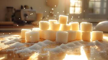 ai gegenereerd de wit suiker kubussen Aan de tafel met mooi van licht. gegenereerd door kunstmatig intelligentie. foto