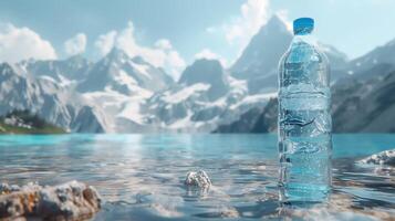 ai gegenereerd een fles van water tegen de backdrop van een berg rivier. gegenereerd door kunstmatig intelligentie. foto
