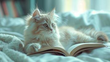 ai gegenereerd een schattig kat aan het liegen Aan de bed, met een boek onder haar poten. de weinig katje met wit lang vacht. gegenereerd door kunstmatig intelligentie. foto