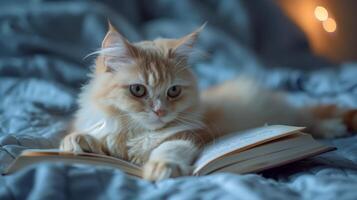 ai gegenereerd een schattig kat aan het liegen Aan de bed, met een boek onder haar poten. de weinig katje met wit lang vacht. gegenereerd door kunstmatig intelligentie. foto