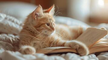 ai gegenereerd een schattig kat aan het liegen Aan de bed, met een boek onder haar poten. de weinig katje met wit lang vacht. gegenereerd door kunstmatig intelligentie. foto