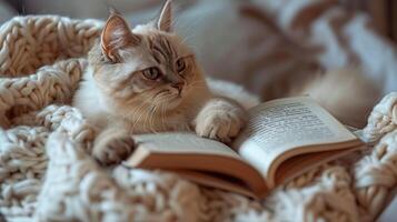 ai gegenereerd een schattig kat aan het liegen Aan de bed, met een boek onder haar poten. de weinig katje met wit lang vacht. gegenereerd door kunstmatig intelligentie. foto