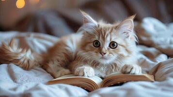 ai gegenereerd een schattig kat aan het liegen Aan de bed, met een boek onder haar poten. de weinig katje met wit lang vacht. gegenereerd door kunstmatig intelligentie. foto