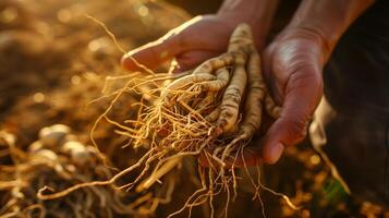 ai gegenereerd ginseng wortels in de handen van een boer, warm zonlicht, detailopname schot. gegenereerd door kunstmatig intelligentie. foto