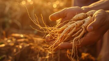 ai gegenereerd ginseng wortels in de handen van een boer, warm zonlicht, detailopname schot. gegenereerd door kunstmatig intelligentie. foto