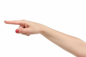 vrouw hand- aanraken of richten naar iets, hand- wijzend, geïsoleerd Aan wit foto