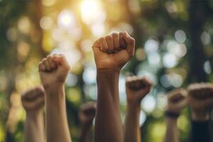 multi-etnisch mensen zijn verhogen hun vuisten, protesteren voor hun rechten foto