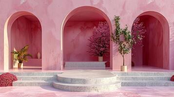 een roze kamer met bogen en een boom foto