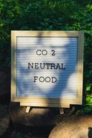 co2 neutrale voedsel bericht Aan achtergrond van vers milieuvriendelijk bio gegroeid groen kruid peterselie in tuin. platteland voedsel productie concept. plaatselijk produceren oogsten. duurzaamheid en verantwoordelijkheid foto