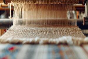 handgeweven textiel Aan traditioneel weefgetouw. ambachtelijk mode, stoffen productie foto