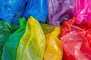 gekleurde plastic Tassen markeren verspilling problemen. milieu bezorgdheid concept foto