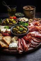 Spaans tapas schotel met vlees, olijven en brood, vergezeld door wijn Aan een rustiek houten tafel foto