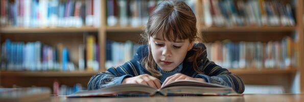 jong meisje verdiept in lezing een boek Bij de bibliotheek foto