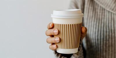 vrouw Holding een koffie kop foto