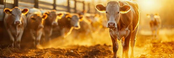 kudde van vee begrazing Aan droog gras veld- foto