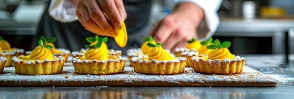 chef decoreren cupcakes met suikerglazuur foto