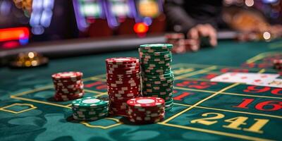 ai gegenereerd poker chips Aan tafel in casino foto