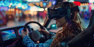 ai gegenereerd bedrijf vrouw in de vr googles zittend in de auto en draaien de stuurinrichting wiel in een auto. hebben pret en spelen spellen met uitgebreid realiteit foto