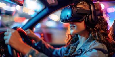 ai gegenereerd bedrijf vrouw in de vr googles zittend in de auto en draaien de stuurinrichting wiel in een auto. hebben pret en spelen spellen met uitgebreid realiteit foto