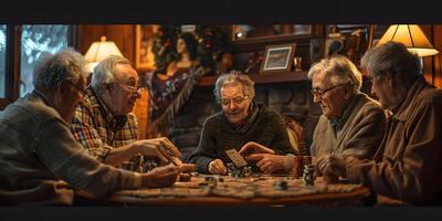 ai gegenereerd senior Mens net zo een gepensioneerde terwijl spelen kaarten met vrienden Bij huis of Bij pensioen huis foto