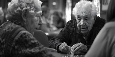 ai gegenereerd groep van senioren spelen kaarten in de pensioen huis foto