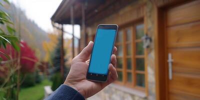 ai gegenereerd slim huis, huis automatisering, apparaat met app pictogrammen. Mens toepassingen zijn smartphone met slimme woning veiligheid app naar ontgrendelen de deur van zijn huis. foto