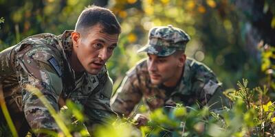 ai gegenereerd multiraciaal jong soldaten in leger uniform resting Aan reeks foto