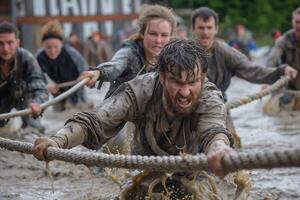 ai gegenereerd rennen ras, mensen waren verloofd in sport- activiteiten. overwinnen divers obstakels en rennen. foto