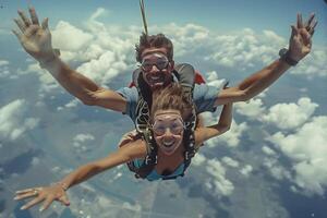 ai gegenereerd mooi vrouw is vliegend tandem parachutespringen in de lucht. foto