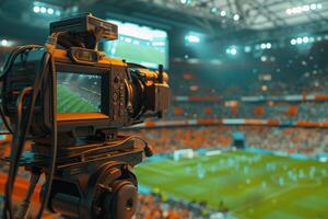 ai gegenereerd TV camera Bij de stadion gedurende Amerikaans voetbal wedstrijden. televisie camera gedurende de voetbal bij elkaar passen foto