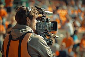 ai gegenereerd video camera in film of film productie Aan statief en professioneel uitrusting welke het schieten in plaats of studio met bemanning team en mooi prop of reeks en klaar naar online leven uitzending foto