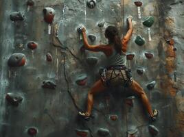 ai gegenereerd vrouw met veiligheid touw aan het doen sport beklimming Bij een berg muur foto