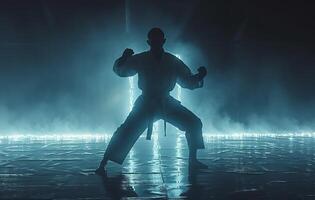 ai gegenereerd trainer van karate, Mens, vechter of atleet poseren in vechten houding met vuisten in wit kimono, pak, met riem Aan beige muur. krijgshaftig kunst en energie foto