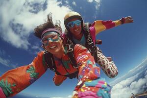 ai gegenereerd portret van twee tandem skydivers in actie parachutespringen door de lucht. foto