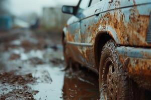 ai gegenereerd de offroader is het rijden aan de overkant de veld- en modder is in de manier, spatten van slush zijn vliegend in allemaal routebeschrijving. arm weg kwaliteit in platteland. foto