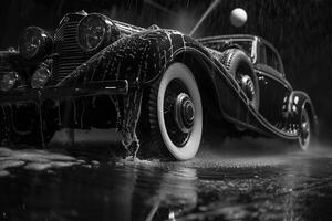 ai gegenereerd silhouet van zwart wijnoogst sport- auto met koplampen Aan zwart achtergrond, fotorealistisch 3d veroorzaken, algemeen ontwerp, merkloos foto