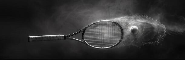 ai gegenereerd tennis racket racket geïsoleerd tegen een zwart achtergrond in zwart en wit foto