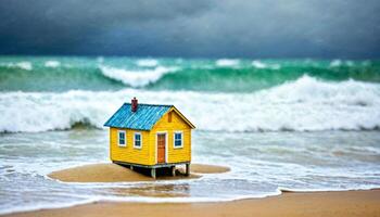 miniatuur tafereel van klein huis van zand strand eiland, foto