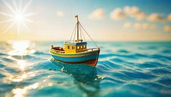 miniatuur tafereel van boot en zand strand eiland, foto