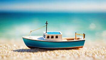 miniatuur tafereel van boot en zand strand eiland, foto