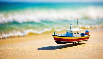 miniatuur tafereel van boot en zand strand eiland, foto