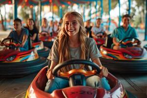 ai gegenereerd jong meisje rijden bumper auto in kermis foto