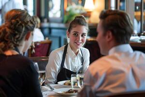 ai gegenereerd vrouw serveerster pratend met restaurant bezoeker foto