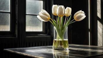 ai gegenereerd wit tulpen binnen in glas vaas met metalen verroest randen Aan houten tafel, donker ruw achtergrond. rustiek charme, elegantie en natuurlijk schoonheid in huis decor of bloemen themed ontwerpen foto