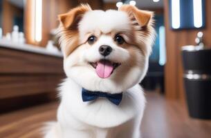 ai gegenereerd grappig portret van hond met stropdas boog Bij luxe huisdier uiterlijke verzorging salon foto
