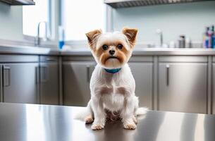 ai gegenereerd klein hond is zittend Aan roestvrij veterinair tentamen tafel in dierenarts kliniek kabinet met wazig achtergrond, vrij ruimte voor tekst foto