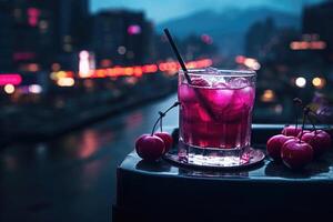 ai gegenereerd glas van slaperig meisje mocktail, Aan de vensterbank, met uitzicht de nacht stad wazig achtergrond. drinken gemaakt van kers sap, magnesium poeder en niet alcoholisch Frisdrank foto