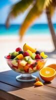 ai gegenereerd kom van fruit salade gemaakt van zomer tropisch fruit Aan strand bar balie, blauw lucht, wit oceanisch zand, licht wazig achtergrond, selectief focus, kopiëren ruimte foto