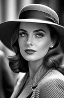 ai gegenereerd zwart en wit foto van mooi vrouw in hoed, retro Jaren 40-stijl. tijdloos elegantie en wijnoogst charme. ideaal voor nostalgisch thema's, mode retrospectieven, of periode-geïnspireerd projecten