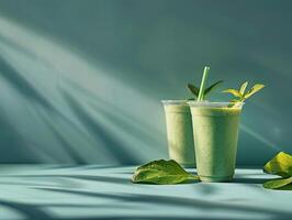 sommige cups van smoothies, minimalistische achtergrond, schaduw doorbladert foto